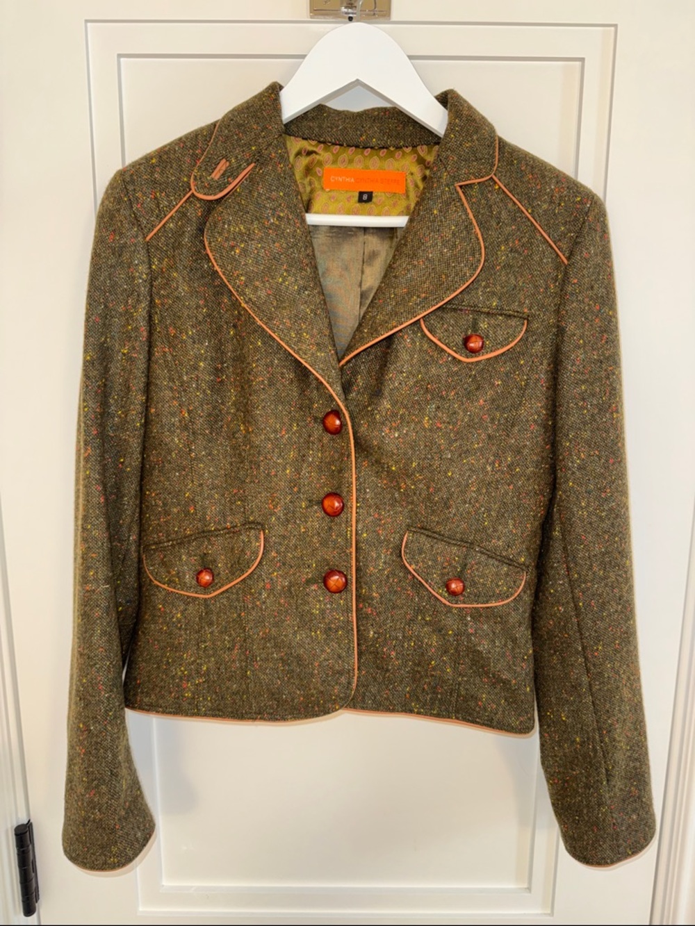 CYNTHIA STEFFE! Olive Tweed Blazer with Tan Leather Trim!